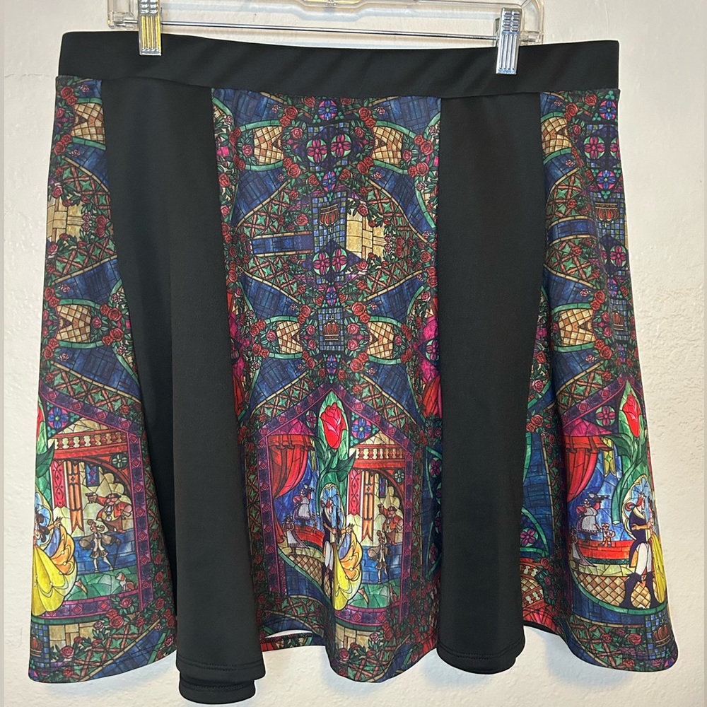 EUC Beauty and the Beast Stained Glass Skater Skirt Torrid Disney Sz 1X Plus